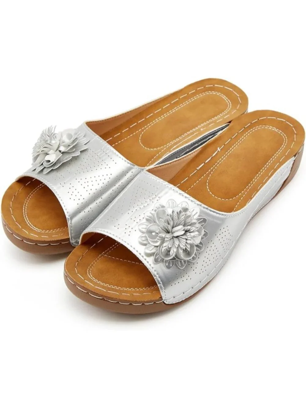 Women's Silver Faux Leather Summer Wedge Low Open Toe Slide Dressy Flower Sandal